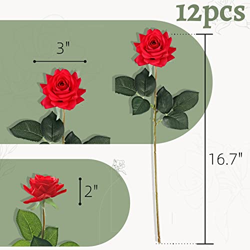 ZMZQ&flw Red Roses Artificial Flowers 12PCS, Real Touch Silk Flowers, Realistic Single Fake Flower with Stems Leaves - color: Red 12pcs
