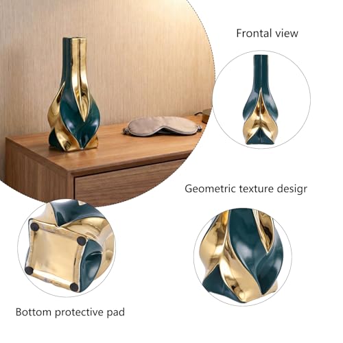 10.6" Green and Gold Ceramic Vase, Modern Geometric Flower Vase for Dining Table Centerpiece, Elegant Decorative Vase for Pampas Grass, Living Room, Bedroom, Office, Tabletop Decoration - color: Green Gold