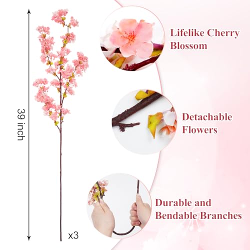 Sunm Boutique Silk Cherry Blossom Branches, Artificial Cherry Blossom Tree Stems Faux Cherry Flowers Vase Arrangements for Wedding Home Decor, Pink Cherry Blossom, Set of 3 - color: Pink, size: Pack of 3