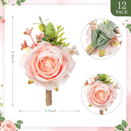 Sherr 12 Pcs Pink Rose Boutonniere for Men Wedding Corsage Rose Groom and Groomsmen Boutonniere with Artificial Flower for Rustic Vintage Wedding Ceremony Anniversary Dinner Prom Party - color: Pink
