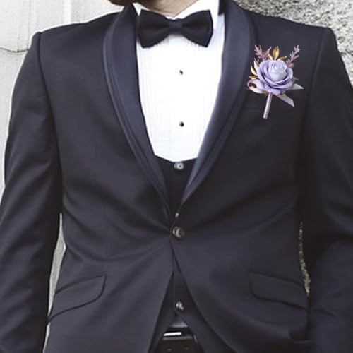 Boutonniere for Men Artificial Flowers 1 Piece Wedding Prom Homecoming Corsage Anniversary Party Decoration (1, Purple) - color: Purple