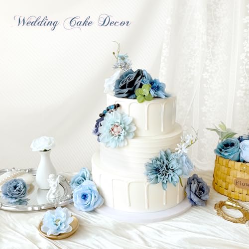 Dusty Blue Artificial Flowers Combo Box Silk Roses Dahlia DIY Cake Flowers Bridal Wedding Bouquets Navy Royal Blue White Fake Floral Arrangements Baby Shower Party Table Centerpieces Home Decor Bulks - color: Dusty Blue, White, Navy