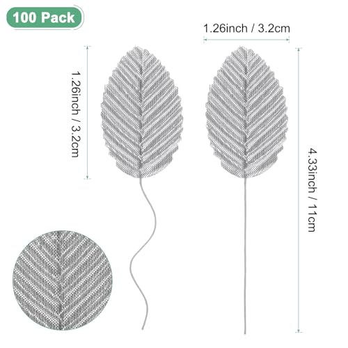M METERXITY 100-Pack Artificial Silk Leaf, Faux Wire Single Leaves, Fake Flower Leaf with Stem for DIY Bouquet/Wreaths/Wedding/Garland/Party Decorations, Fake Rose Craft Leaves [Silver] - color: Silver