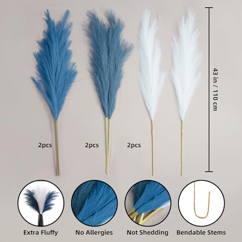Pampas Grass Decor Tall, 43"/110cm Faux Pampas Grass 6 Stems Large Pompass Grass Branches Tall Bulk Boho Flower Arrangement for Home Room Wedding Party Decor - color: Blue & White & Indigo
