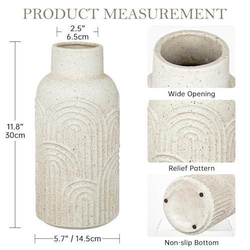 12 Inch Beige Ceramic Vase Flower Vase, Textured Ceramic Vase Rustic Farmhouse Decorative Flower Vase for Centerpiece Home Living Room Dining Table Office Shelf Mantle - size: 12 IN