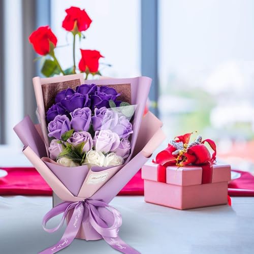 Roses Bouquet Artificial Flower - Preserved Red Rose Flowers with Love Necklace for Her Unique Gift for Birthday, Valentine's Day, Mother's Day, Thanksgiving, Christmas, Anniversary (Purple and White) - color: Purple and White
