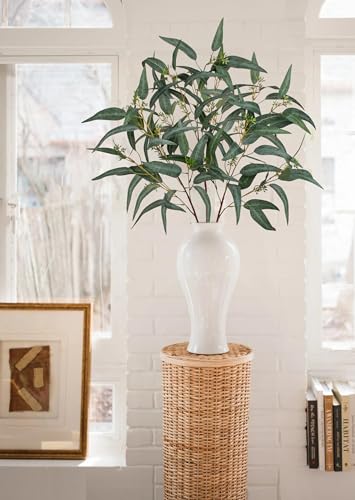 Faux Eucalyptus Stems Willow Eucalyptus Leaves 34” Long Fake Salix Leaves 6 Pcs Artificial Greenery Stems for DIY Bouquet Arrangements Centerpieces Shower Decorations-Artificial Eucalyptus Stems-Green - color: Green With Seed, size: 6Pcs