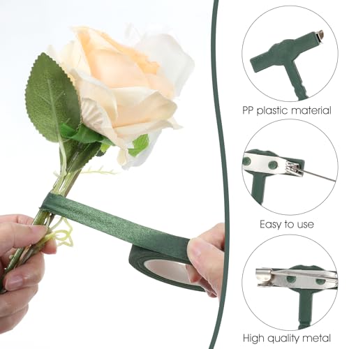 31Pcs Triangle Boutonniere Safety Pins with Flower Tape, T-Shaped Plastic Corsage Pins Safety Clips for Bride Groom, Tiny Boutonniere Supplies for Wedding Festivals Buttonhole Flowers Button Making