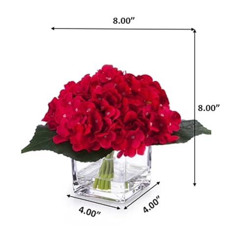 ENOVA FLORAL Silk Hydrangea Artificial Flowers in Vase with Faux Water, Silk Flower Arrangements in Vase for Home Decor, Wedding Table (Red) - color: Red
