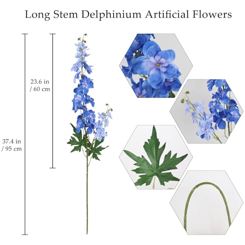6Pcs Blue Delphinium Artificial Flowers 37.4’’ Faux Silk Larkspur Flowers Long Stem Artificial Flowers for Tall Vase Table Home Wedding Party Garden Decor(Blue) - color: Blue