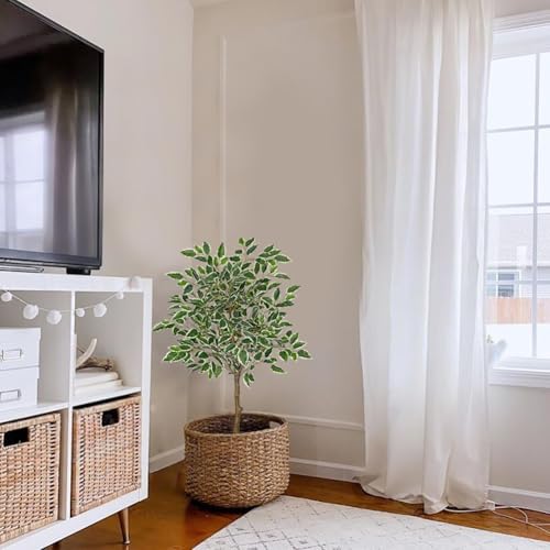 3Ft Ficus Tree Artificial Plants Indoor with Realistic Trunk, Tall Fake Potted Tree Faux Floor Plant, Artificial Tree in Pot for Home Living Room Office Bedroom Corner Decor(Green White) - color: Green White, size: 3Ft
