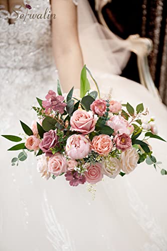 Serwalin Artificial Flowers Pink Wedding Cake Flowers, Fake Dusty Roses Peonies for Bouquets Table Centerpieces Wedding Home Decor, Baby Shower Party Flowers with Stems DIY Combo - color: A Abby Dusty Pink, size: 1 Box