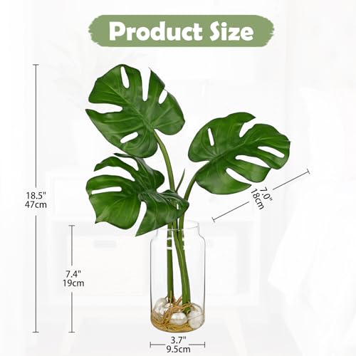 Oairse Artificial Monstera Leaves Plant in Glass Vase with Faux Water & Pebble - 16.5" Fake Tropical Plants Turtle-Back Plant Leaves Monstera Stem Greenery for Home Indoor Centerpiece Farmhouse Decor - color: Monstera