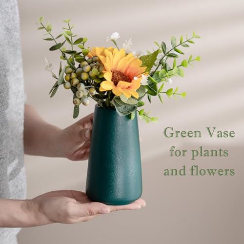 Green Vase - 6" Green Ceramic Flower Vase for Home Decor, Minimalism Farmhouse Style for Vintage Table/Shelf Centerpieces, Fireplace Bedroom Kitchen Living Room Office Decorative - color: Green, size: Small