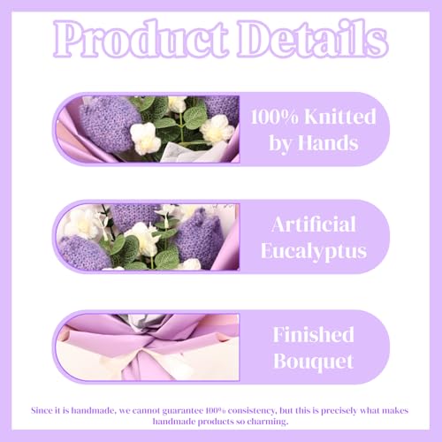 Crochet Flowers Bouquet for Her Handmade Crochet Tulips Artificial Eucalyptus Includes Handheld Gift Box and Card for Home Decor Anniversary Birthdays Mother's Day Graduation Gifts (Purple) - color: Purple