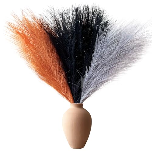 Pampas Grass Decor, Fluffy Faux Pampas Grass 6 Stem 18"/45cm Pompous Grass Small Flower Arrangement and Vase Filler for Boho Home Wedding Decoration - color: Black& Yellow Curry& Light Gray