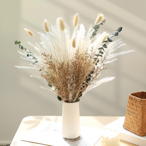 17 Inch Beige & White Dried Grass Bouquet, White Reed, Green Eucalyptus and Natural Love Grass for Spring Home Decor, Minimalist Boho Styling,Table Display and Holiday Decor - color: 70pcs Pampas Grass