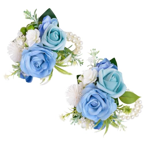 TINGE TIME Set of 2 Wrist Corsage Bracelets Pearl Wristlet Band Bridesmaid Bracelet for Wedding Ceremony Bridal Shower Wedding Artificial Flower Prom (Provence Blue) - color: Provence Blue
