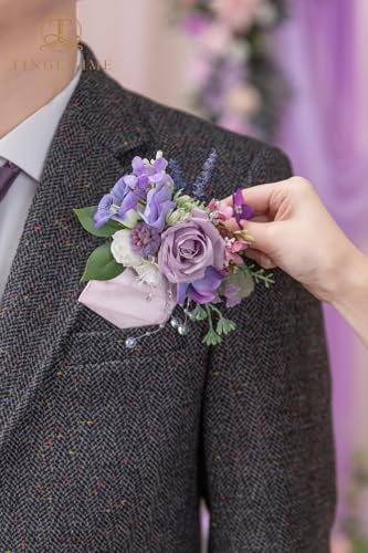 TINGE TIME Luxury Groom Boutonniere for Wedding, 1 PCS Pocket Boutonniere for Men, Artificial Corsage for Wedding, Prom, Homecoming, Anniversary, Graduation (Violet&Mistyrose) - color: Violet & Misty Rose