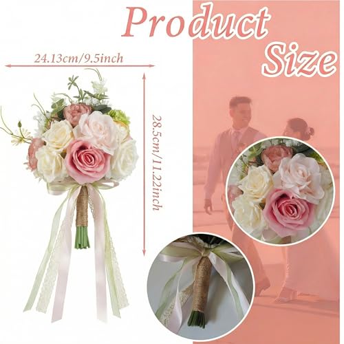 Wedding Bouquets for Bride, Light Pink and Green Bridal Bouquet | Realistic Silk Rose for Rustic Boho Church Ceremony, Proposal, Thanksgiving, Wedding Decor - color: Pink and Green