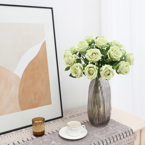 Hawesome Fake Roses Artificial Silk Flowers - 12 Pcs Green Roses Artificial Faux Flowers with Stems for Home Wedding Centerpiece Hotel Office Decor - color: Green