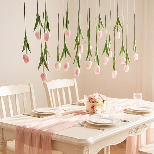 12 Pack Light Pink 5 ft Artificial Tulips Hanging Flower Garland Decorations Spring Summer Dangling Faux Tulip Floral Vine Strings with Hooks for Wall Ceiling Wedding Tea Party - color: Light Pink