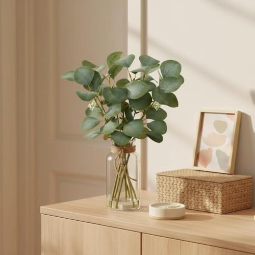 Briful Artificial Eucalyptus Stems in Glass Vase with Faux Water, 14" Fake Plant Eucalyptus Leaves for Home Bathroom Office Farmhouse Wedding Centerpiece Décor - color: Clear