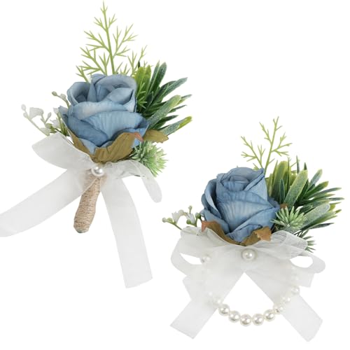 Alizeal 2Pcs of Wrist Corsage and Boutonniere Set, Artificial Flowers Accessories Suit Decor for Wedding Prom Party Homecoming Ceremony, Light Blue - color: Light Blue