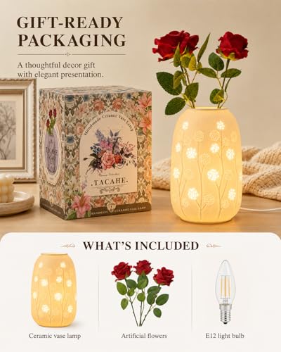 TACAHE Ceramic Vase Table Lamp, 2700K Bulb & 3 Artificial Flowers Included, E12 Socket, Inline Switch, Handmade Openwork Craft, Ambient Light for Living Room Bedroom - Dandelion 9" - style: Dandelion