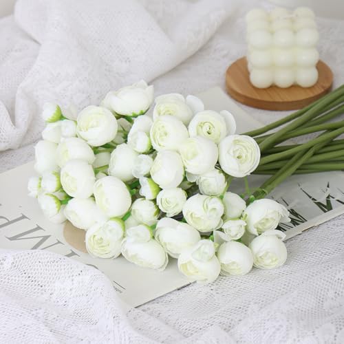 Ranunculus Artificial Flower White Faux Silk Mini Peony Flowers Fake Peonies Wedding Flowers DIY Bouquet for Centerpieces Arrangements Bridal Shower Decorations 18 Pcs(White)