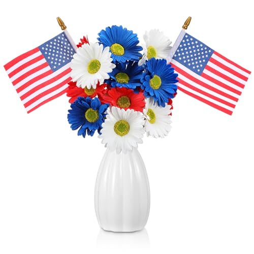 Tigeen 14 Pcs 4th of July Decor Red White Blue Artificial Flower Patriotic Decoration Daisy Flower with 2 Flag 250th Anniversary Table Centerpieces for Memorial Veterans Independence Day Home Decor - style: Daisy