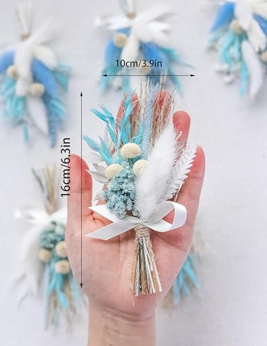 Mini Dried Flower Bouquet Set (6 pcs), Small Blue Bouquet, Boho Wedding Dinner Plate Decoration, Groom's and Best Man's Boutonnieres, Bridesmaid Flower Girl Proposal Gift Box, Card Decoration - color: Blue