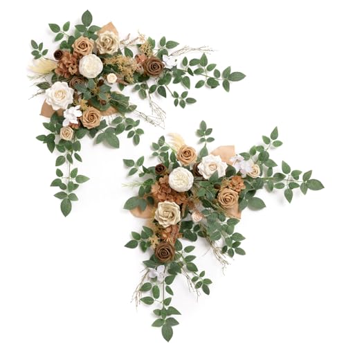 Ling's moment 2PCS Brown Artificial Floral Swags Wedding Arch Flower Garland Beige Rose Flowers Greenery for Table Backdrop Easel Wall Entryway Outdoor Board Decor - color: Brn-beige Brown