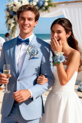 Serwalin Corsage and Boutonniere Set, Boutonniere and Wrist Corsage Wristlet Prom Homecoming Wedding Flowers Accessories Prom Suit Decorations (Blue & Dusty Blue) - color: Dusty Blue, size: 1 Boutonniere & 1 Wrist Corsage - 2pcs