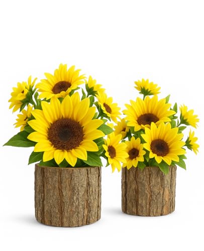 AceList Artificial Sunflowers in Rustic Bark Pots, Set of 2 Small Silk Flower Arrangements for Home, Table, Kitchen, Mother’s Day & Year-Round Decor - color: Yellow