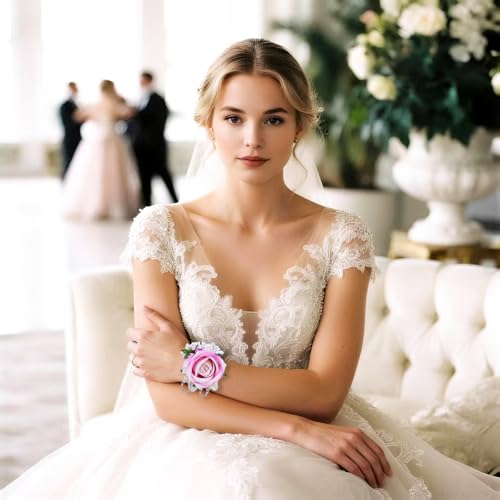 2Pcs Pink Rose Corsage and Men Boutonniere Set Women Wristlet Band Wrist Bracelets, for Prom Wedding Ceremony Flowers Decorations and Homecoming Party Accessories - color: Pink, size: 1 Boutonniere & 1 Wrist Corsage