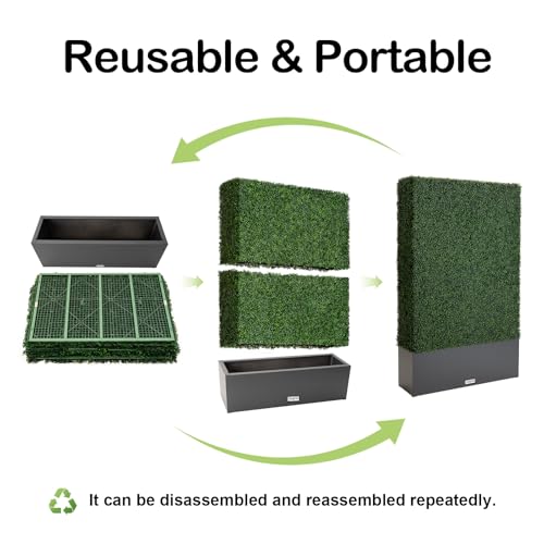 Artificial Boxwood Hedge Wall with Dark Grey Planter Box, Greenery Fake Faux Grass Panels Backdrop Divider 48" WX79 HX14 D - size: 48"WX79"HX14"D