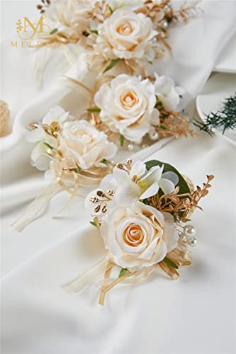 Set of 6 Champagne Faux Silk Men Boutonnieres for Groom Wedding | Artificial Rose With Ribbons for Ceremony Party, Groomsmen Boutonniere for Wedding Prom Party, Homecoming and Suit Decor - color: Light Champagne Boutonnieres 6pcs