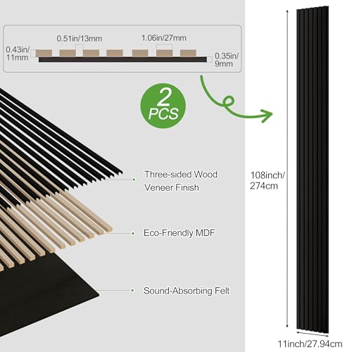 2 Pack Wood Panels for Wall, 108" x 11" Wood Slat Acoustic Panels, Acoustic Wall Panels for Interior Wall Decor, Sound Absorbing Wall Panels for Noise Reduction and Decoration, Obsidian Black - color: Obsidian Black, size: 2PCS-108" x 11"