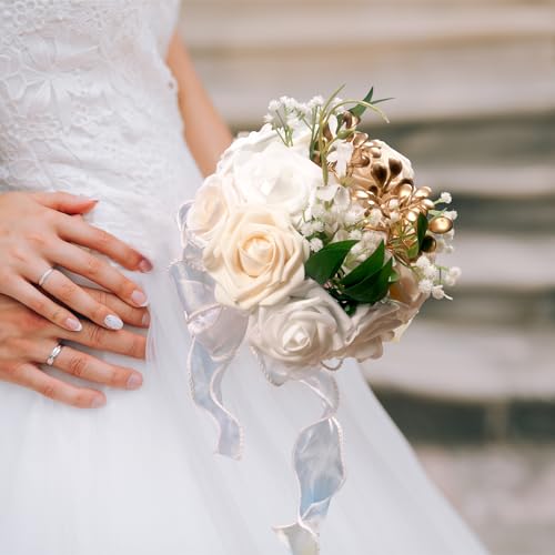 LEIFENY Wedding Bouquets for Bride, Champagne & White Bridal Bridesmaid Flower with Silk Ribbon, Artificial Toss Rose for Civil Ceremony - color: Champagne White