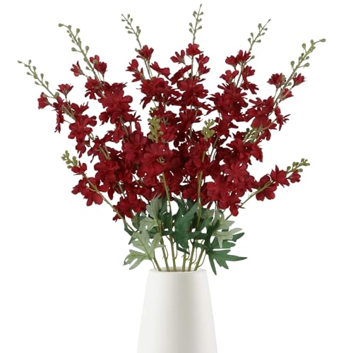 6PCS Dark Red Delphinium Artificial Flowers, 34.25" Long Stems Red Fake Larkspur Silk Flowers for Tall Vase Faux Delphinium Wedding Centerpieces Home Decor Indoor Outdoors - color: Dark Red