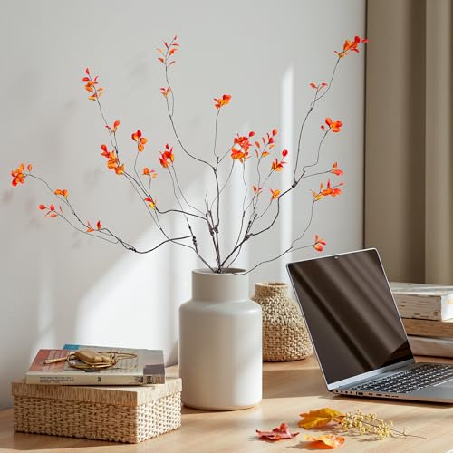 Artificial Ficus Branches 4PCS Artificial Eucalyptus Stems Fake Ficus Branches Faux Plants Greenery Leaves Filler Vase for Home Decor Green Twig Leaf Office Wedding Decoration 35.4" Orange - color: 35.4"orange 4pcs