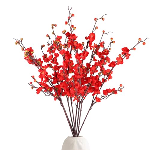 8pcs Red Cherry Blossom Branches Artificial Flowers for Winter Spring Indoor Decoration, 36" Plum Fake Peach Plants for Wedding Home Office Bedroom Party Decor (red, 36in) - color: Red, size: 36.6 inches