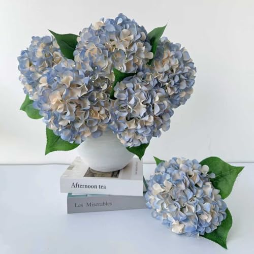 ZYTUYO 5 Pcs Dusty Blue Silk Hydrangeas Artificial Flower Boho Dried Touch 20'' Faux Hydrangeas for Indoor Home Decor Kitchen Living Room Outdoor Porch Wedding Flower Arrangement - color: Dusty Blue