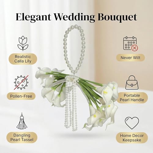 20 Pcs Calla Lily Bridal Bouquet with Pearl Handle, Pearl Cascade Wedding Bouquet with Beaded Pearls, Elegant Bridal Flowers for Wedding Ceremony, Marriage, Party, Church, Bridesmaid Bouquet