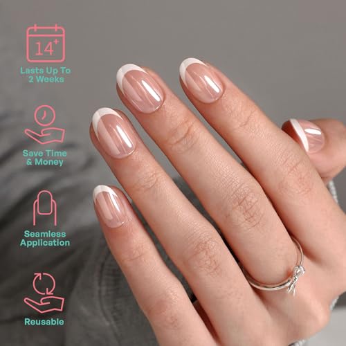 32Pcs Soft Gel Press on Nails for Women, White French, Short Oval | Glazed Donut Aurora False Fake Nails Press Ons for Office Daily Wear, Salon Quality Reusable Glue & Stick on Nail Gift Kit - color: 5J-White French