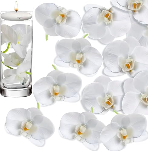 20 Pcs White Artificial Orchid Flower for Floating Candle Centerpieces, Faux Flower Head and stem DIY Crafts Bouquet for Bridal Bouquets Flower Arrangements Table Centers Home Decor.