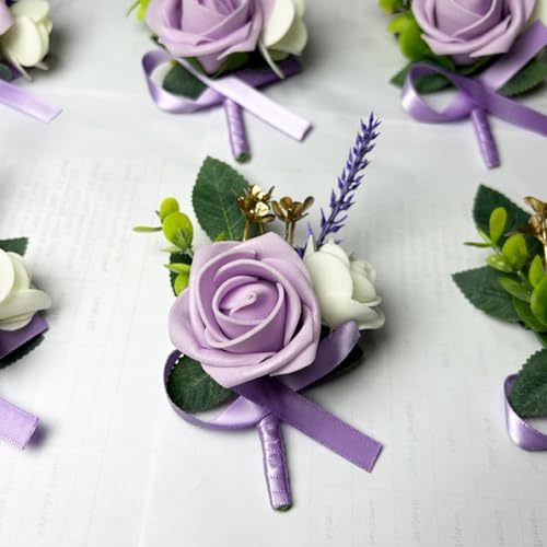 6PCS Purple Lavender Boutonniere for Men, Lilac Boutonniere Pins for Men Groomsmen Guest, Artificial Flowers for Wedding Decor Prom Homecoming - color: Lavender Purple