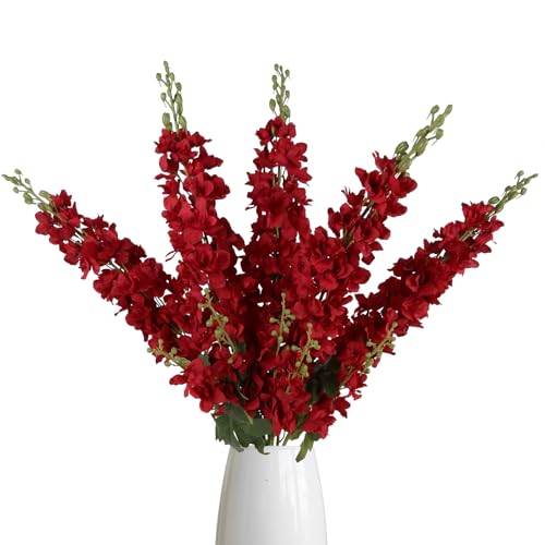 IPOPU 43.3" Red Delphinium Artificial Flowers 5PCS Faux Delphinium Flowers Larkspur Long Stem Artificial Flowers for Wedding Table Centerpieces Home Garden Decor(Red) - color: Red
