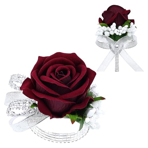 2Pcs Burgundy Rose Corsage and Boutonniere Set, Artificial Wrist Corsage Wristlet Bracelets, Men Boutonniere for Wedding Party Formal Dinner Flowers Accessories Prom Decorations - color: Burgundy